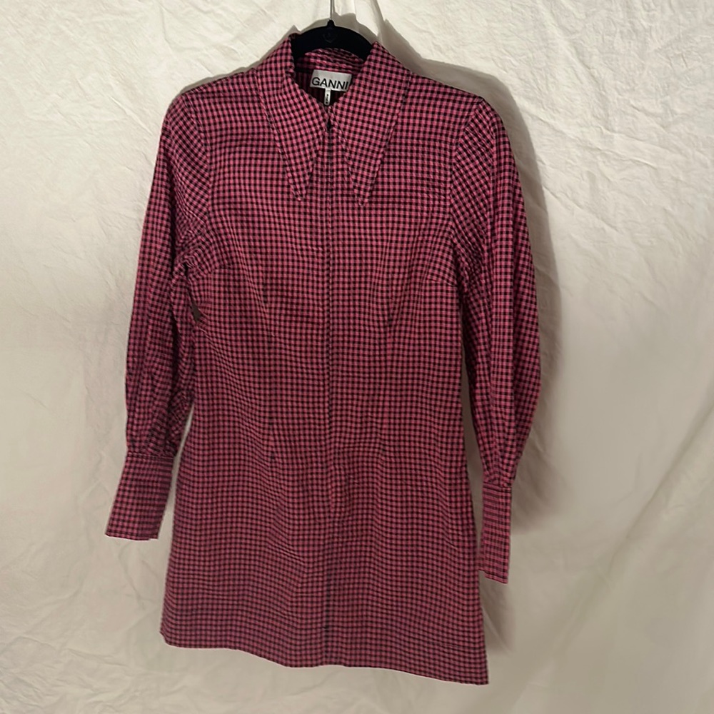 Ganni pink plaid long sleeve dress